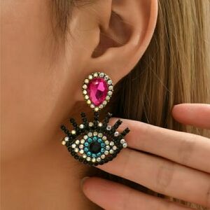 Chic Evil Eye Motif Earrings with Pink and Black Crystals